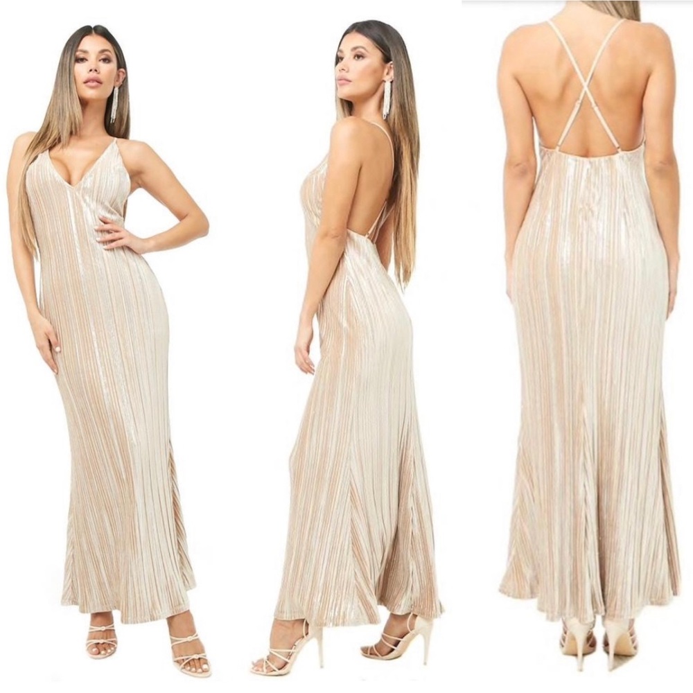 Champagne Metallic Ribbed Velvet Maxi Dress